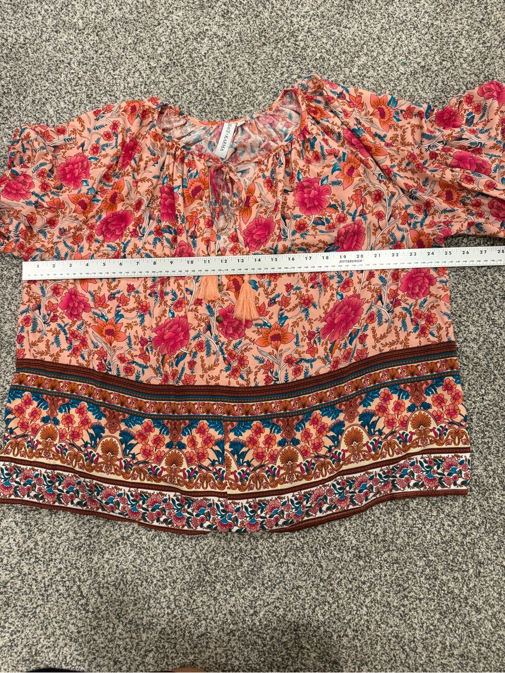 NWT Grace + Karma Size L Boho Peasant Festival Hippie Floral Tassel Tie Blouse - Picture 11 of 12